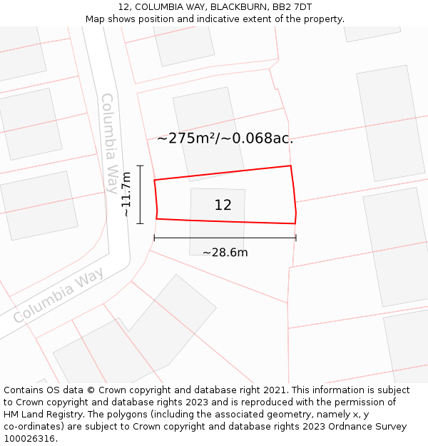 12, COLUMBIA WAY, BLACKBURN, BB2 7DT: Plot and title map