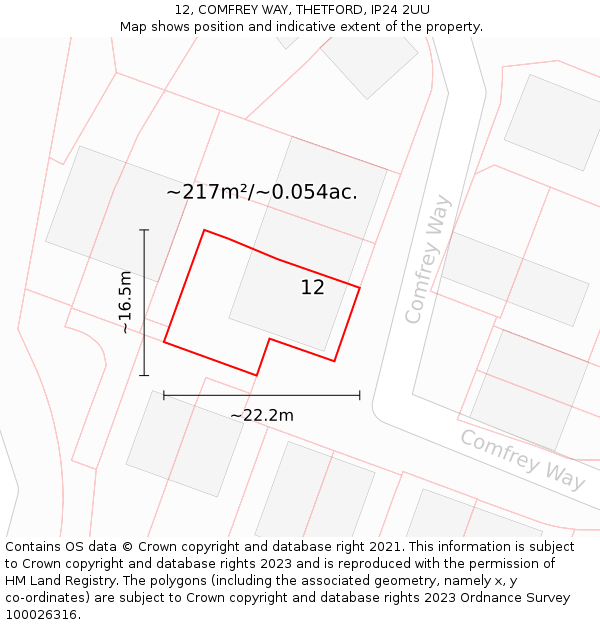 12, COMFREY WAY, THETFORD, IP24 2UU: Plot and title map