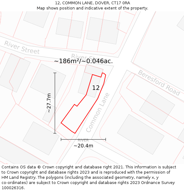 12, COMMON LANE, DOVER, CT17 0RA: Plot and title map
