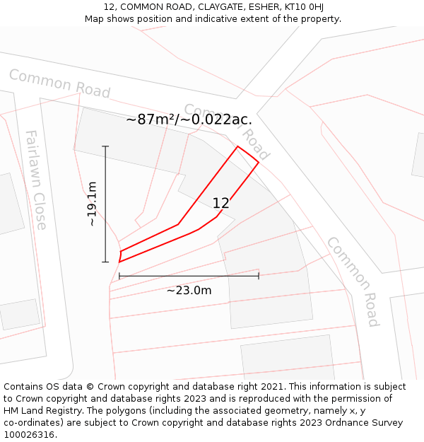 12, COMMON ROAD, CLAYGATE, ESHER, KT10 0HJ: Plot and title map