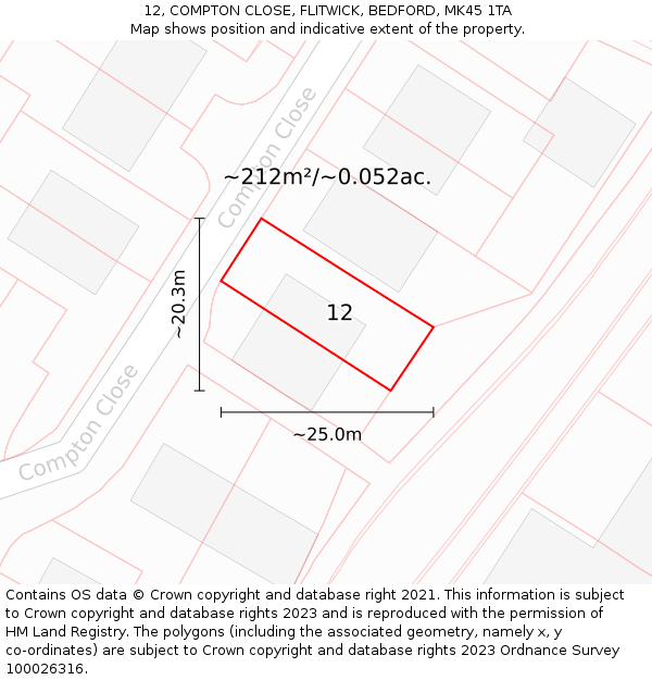 12, COMPTON CLOSE, FLITWICK, BEDFORD, MK45 1TA: Plot and title map