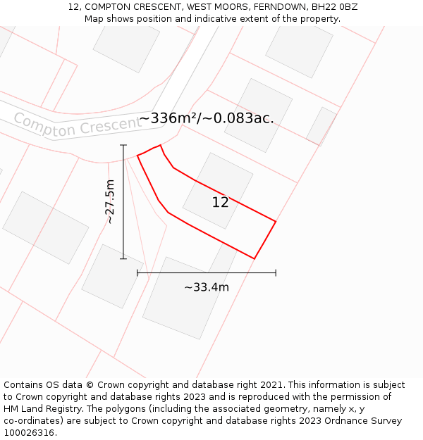 12, COMPTON CRESCENT, WEST MOORS, FERNDOWN, BH22 0BZ: Plot and title map