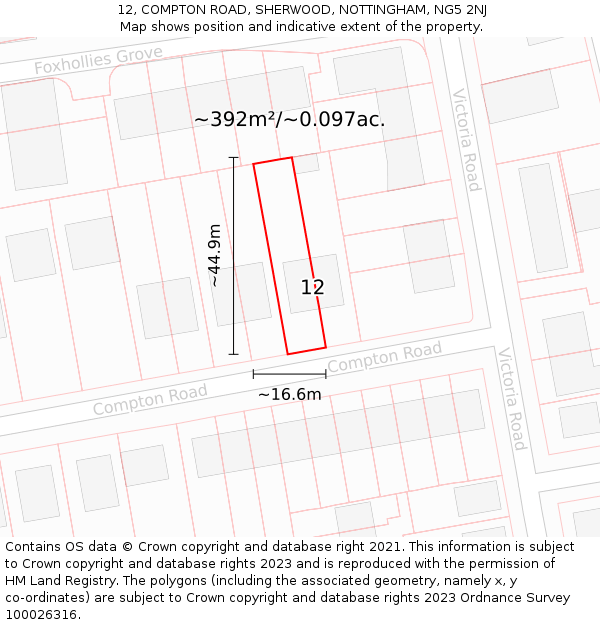 12, COMPTON ROAD, SHERWOOD, NOTTINGHAM, NG5 2NJ: Plot and title map