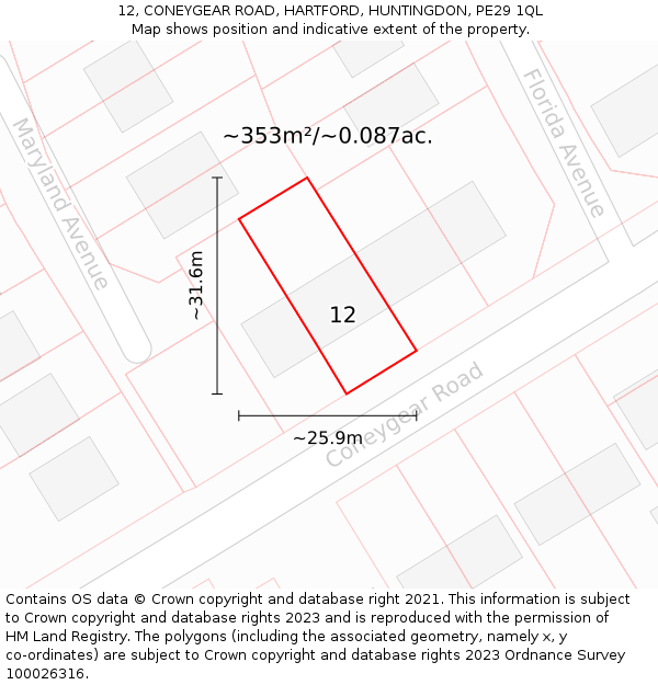 12, CONEYGEAR ROAD, HARTFORD, HUNTINGDON, PE29 1QL: Plot and title map