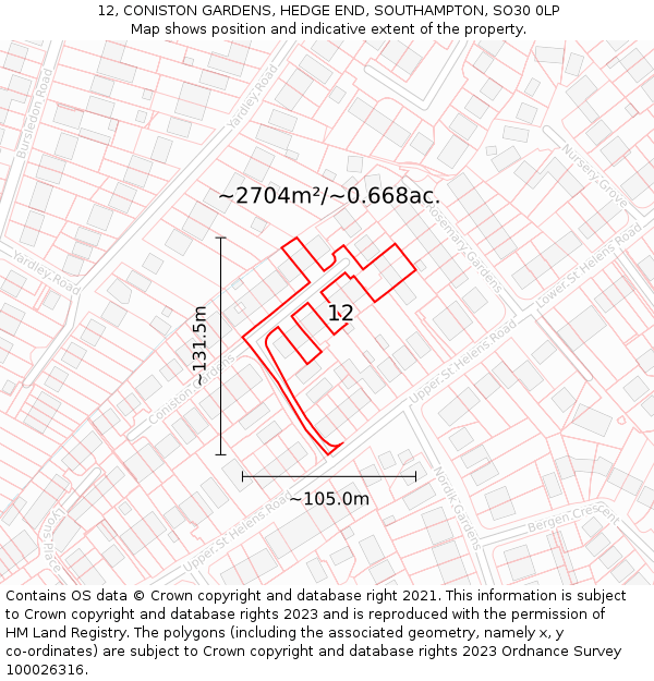12, CONISTON GARDENS, HEDGE END, SOUTHAMPTON, SO30 0LP: Plot and title map