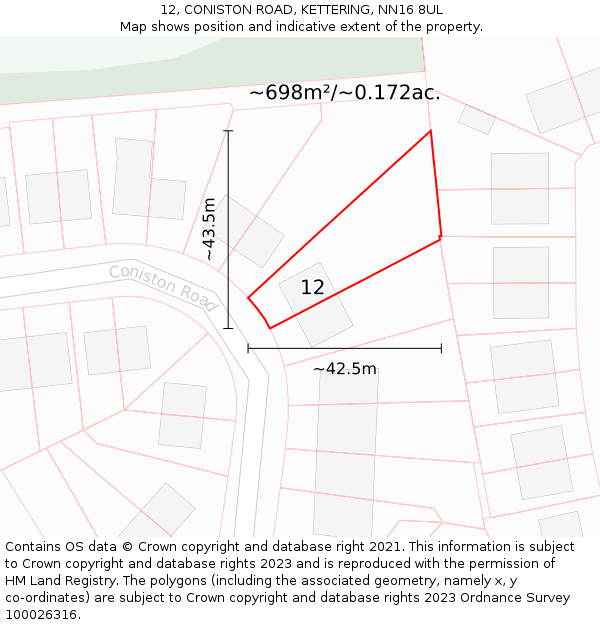 12, CONISTON ROAD, KETTERING, NN16 8UL: Plot and title map
