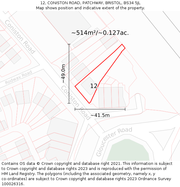 12, CONISTON ROAD, PATCHWAY, BRISTOL, BS34 5JL: Plot and title map