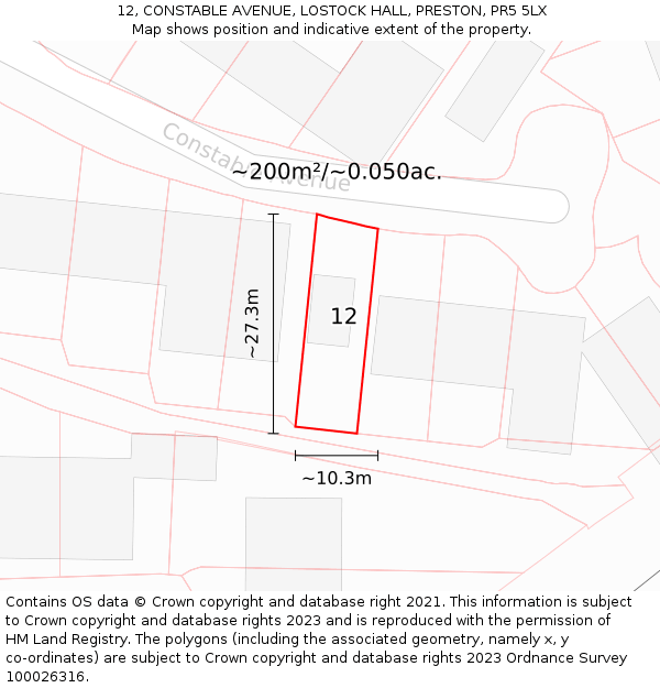 12, CONSTABLE AVENUE, LOSTOCK HALL, PRESTON, PR5 5LX: Plot and title map