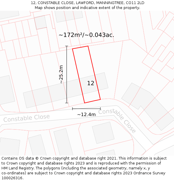 12, CONSTABLE CLOSE, LAWFORD, MANNINGTREE, CO11 2LD: Plot and title map