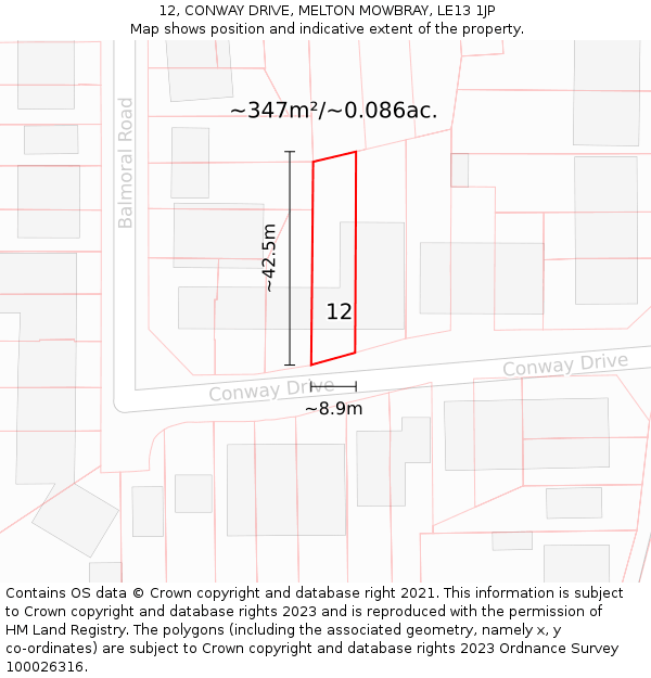 12, CONWAY DRIVE, MELTON MOWBRAY, LE13 1JP: Plot and title map