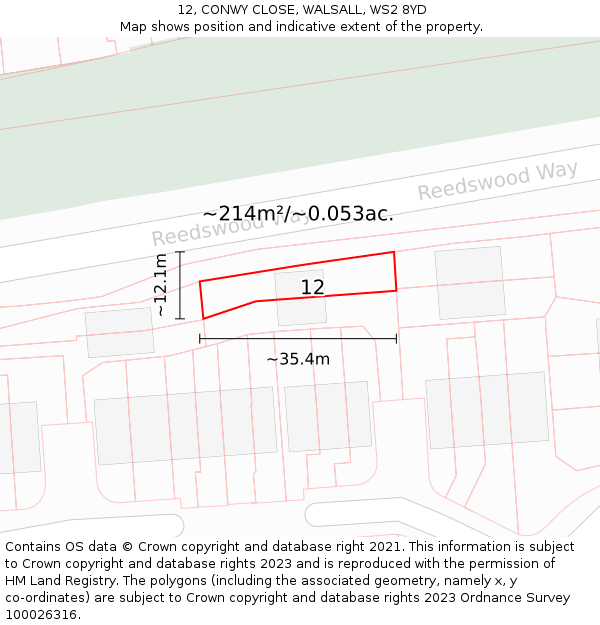 12, CONWY CLOSE, WALSALL, WS2 8YD: Plot and title map