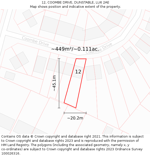 12, COOMBE DRIVE, DUNSTABLE, LU6 2AE: Plot and title map