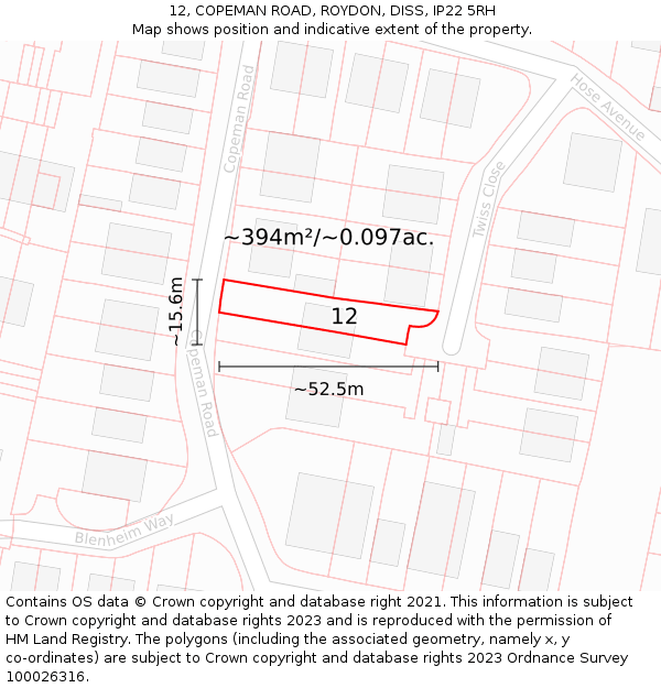 12, COPEMAN ROAD, ROYDON, DISS, IP22 5RH: Plot and title map
