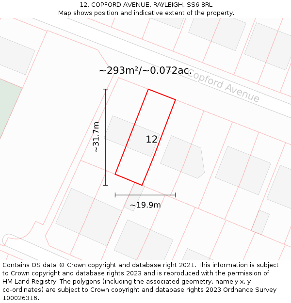 12, COPFORD AVENUE, RAYLEIGH, SS6 8RL: Plot and title map