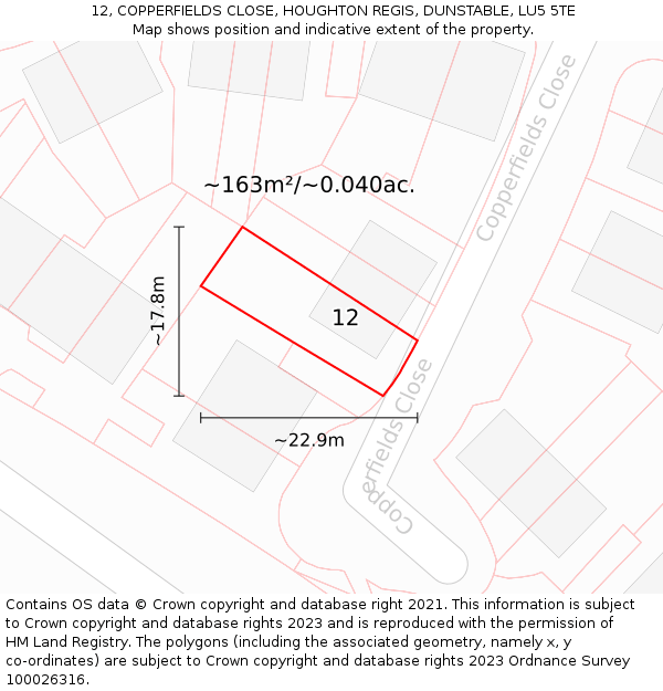 12, COPPERFIELDS CLOSE, HOUGHTON REGIS, DUNSTABLE, LU5 5TE: Plot and title map