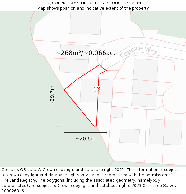 12, COPPICE WAY, HEDGERLEY, SLOUGH, SL2 3YL: Plot and title map