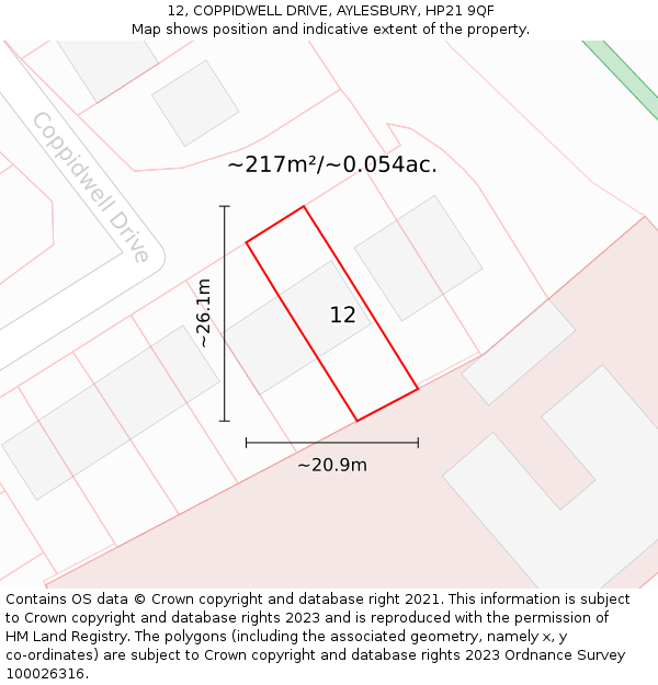 12, COPPIDWELL DRIVE, AYLESBURY, HP21 9QF: Plot and title map
