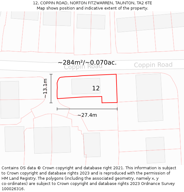12, COPPIN ROAD, NORTON FITZWARREN, TAUNTON, TA2 6TE: Plot and title map
