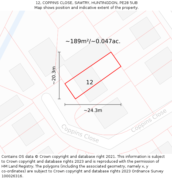12, COPPINS CLOSE, SAWTRY, HUNTINGDON, PE28 5UB: Plot and title map
