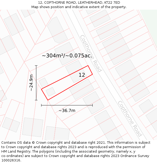 12, COPTHORNE ROAD, LEATHERHEAD, KT22 7ED: Plot and title map