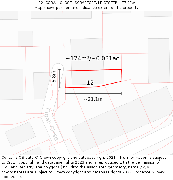 12, CORAH CLOSE, SCRAPTOFT, LEICESTER, LE7 9FW: Plot and title map