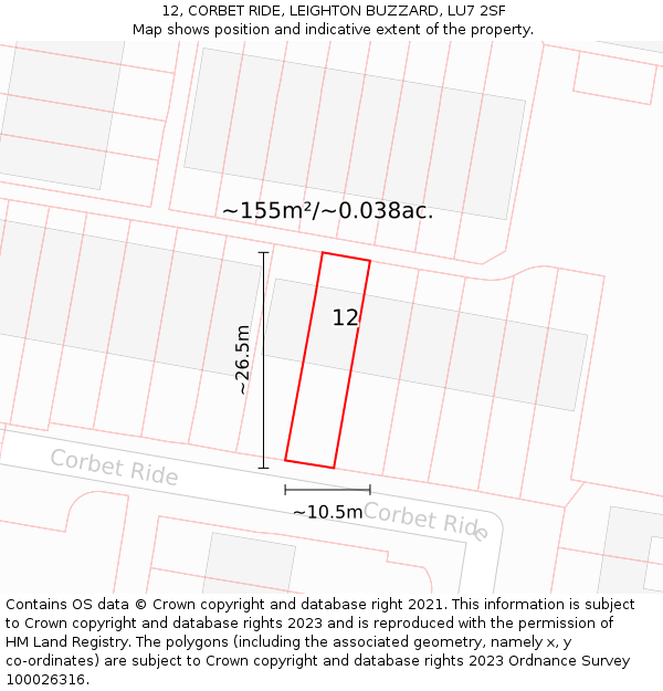 12, CORBET RIDE, LEIGHTON BUZZARD, LU7 2SF: Plot and title map