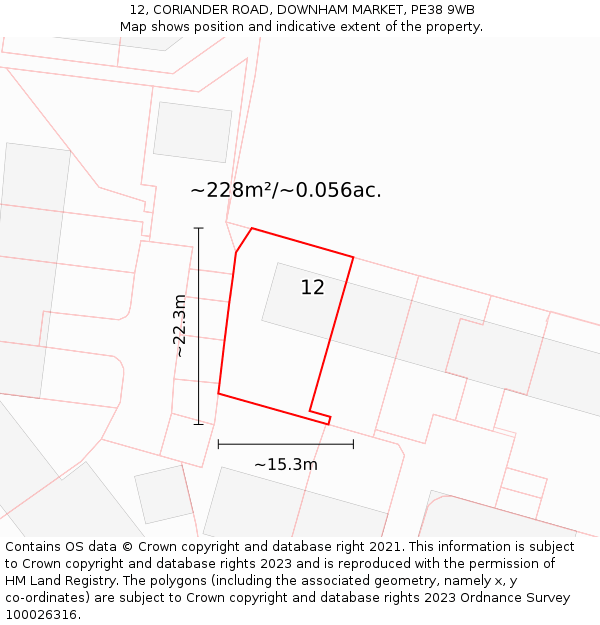 12, CORIANDER ROAD, DOWNHAM MARKET, PE38 9WB: Plot and title map