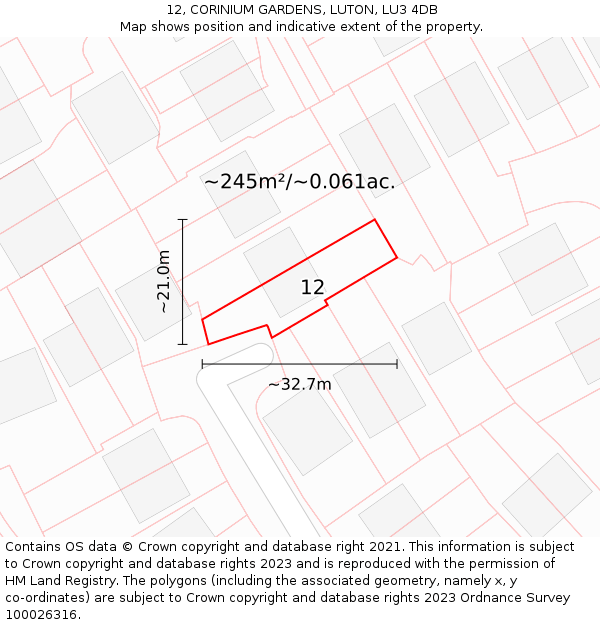 12, CORINIUM GARDENS, LUTON, LU3 4DB: Plot and title map