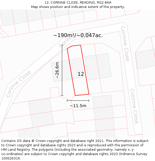 12, CORINNE CLOSE, READING, RG2 8AA: Plot and title map