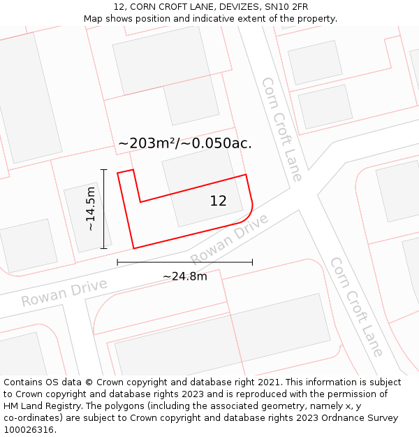 12, CORN CROFT LANE, DEVIZES, SN10 2FR: Plot and title map