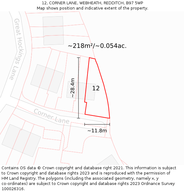 12, CORNER LANE, WEBHEATH, REDDITCH, B97 5WP: Plot and title map