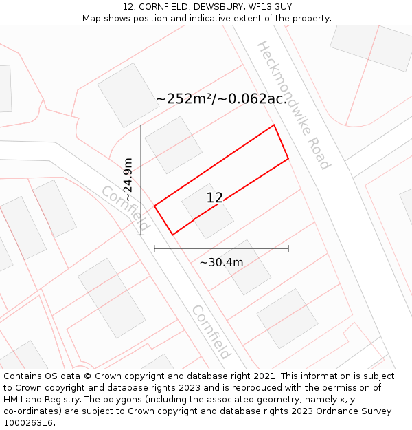 12, CORNFIELD, DEWSBURY, WF13 3UY: Plot and title map