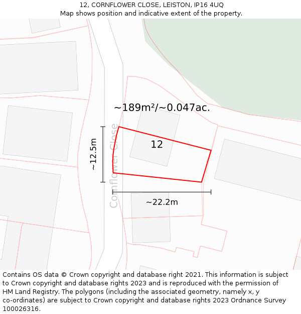 12, CORNFLOWER CLOSE, LEISTON, IP16 4UQ: Plot and title map