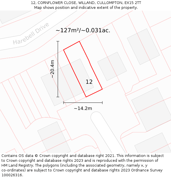 12, CORNFLOWER CLOSE, WILLAND, CULLOMPTON, EX15 2TT: Plot and title map