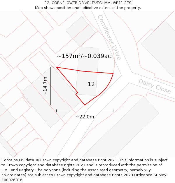12, CORNFLOWER DRIVE, EVESHAM, WR11 3ES: Plot and title map