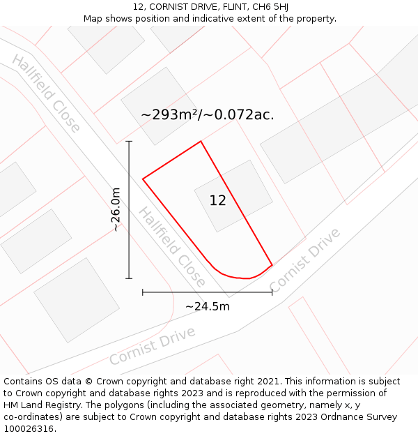 12, CORNIST DRIVE, FLINT, CH6 5HJ: Plot and title map