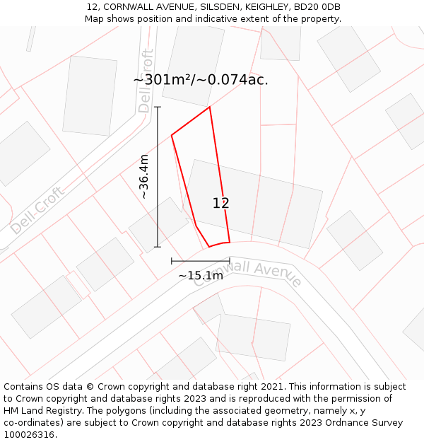 12, CORNWALL AVENUE, SILSDEN, KEIGHLEY, BD20 0DB: Plot and title map
