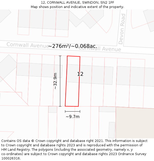 12, CORNWALL AVENUE, SWINDON, SN2 1PF: Plot and title map