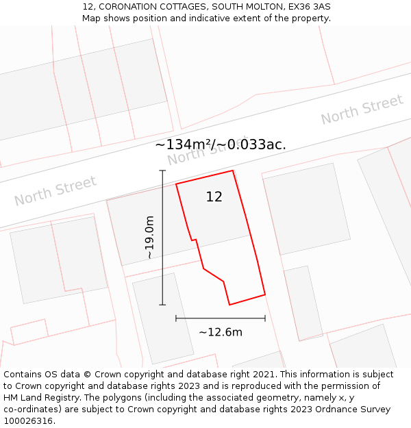 12, CORONATION COTTAGES, SOUTH MOLTON, EX36 3AS: Plot and title map