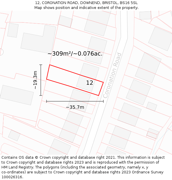 12, CORONATION ROAD, DOWNEND, BRISTOL, BS16 5SL: Plot and title map