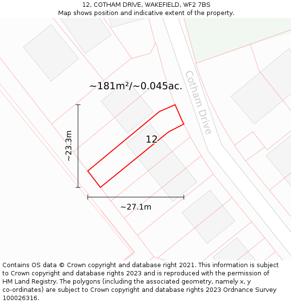 12, COTHAM DRIVE, WAKEFIELD, WF2 7BS: Plot and title map