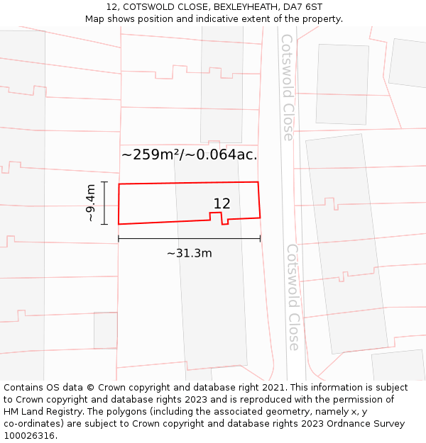 12, COTSWOLD CLOSE, BEXLEYHEATH, DA7 6ST: Plot and title map