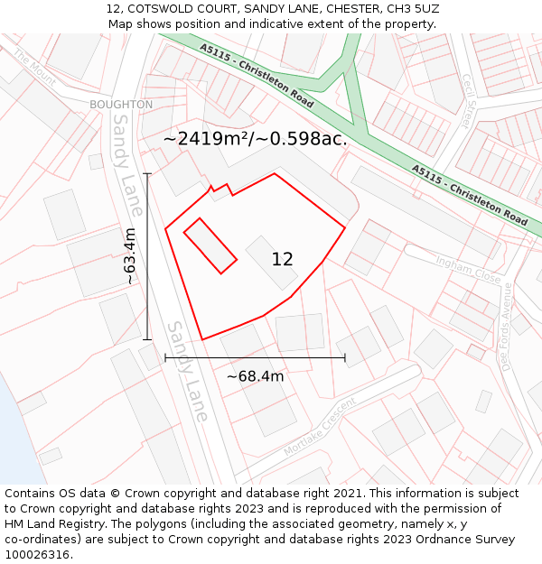 12, COTSWOLD COURT, SANDY LANE, CHESTER, CH3 5UZ: Plot and title map