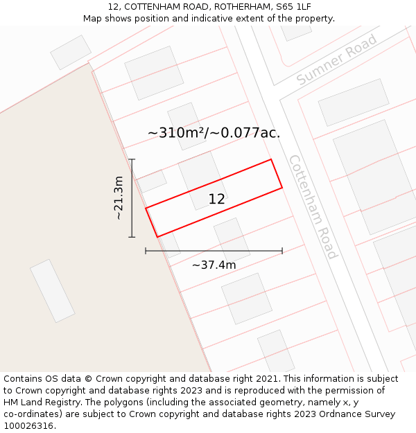 12, COTTENHAM ROAD, ROTHERHAM, S65 1LF: Plot and title map