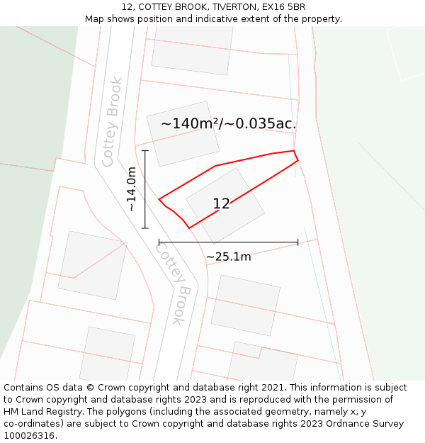12, COTTEY BROOK, TIVERTON, EX16 5BR: Plot and title map