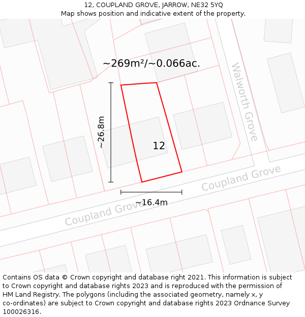 12, COUPLAND GROVE, JARROW, NE32 5YQ: Plot and title map
