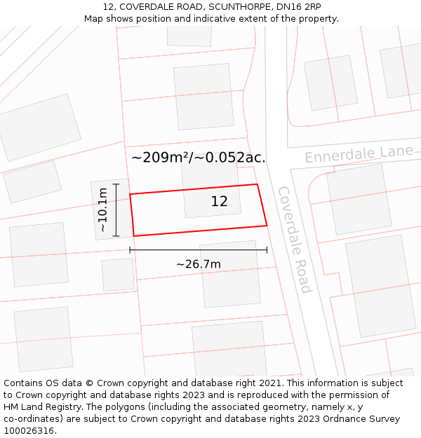 12, COVERDALE ROAD, SCUNTHORPE, DN16 2RP: Plot and title map