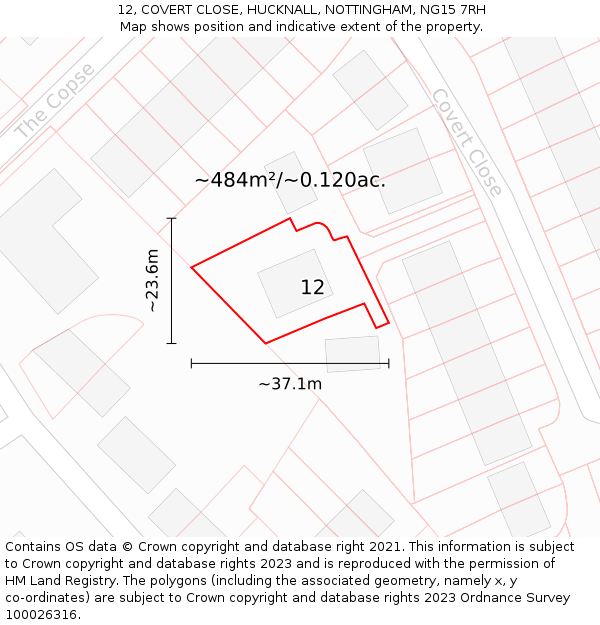 12, COVERT CLOSE, HUCKNALL, NOTTINGHAM, NG15 7RH: Plot and title map