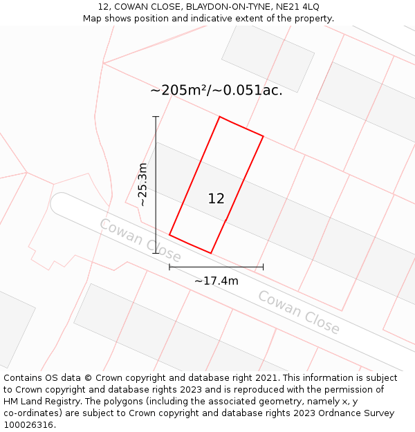 12, COWAN CLOSE, BLAYDON-ON-TYNE, NE21 4LQ: Plot and title map
