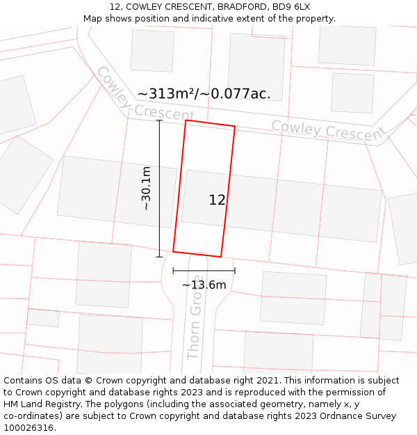12, COWLEY CRESCENT, BRADFORD, BD9 6LX: Plot and title map